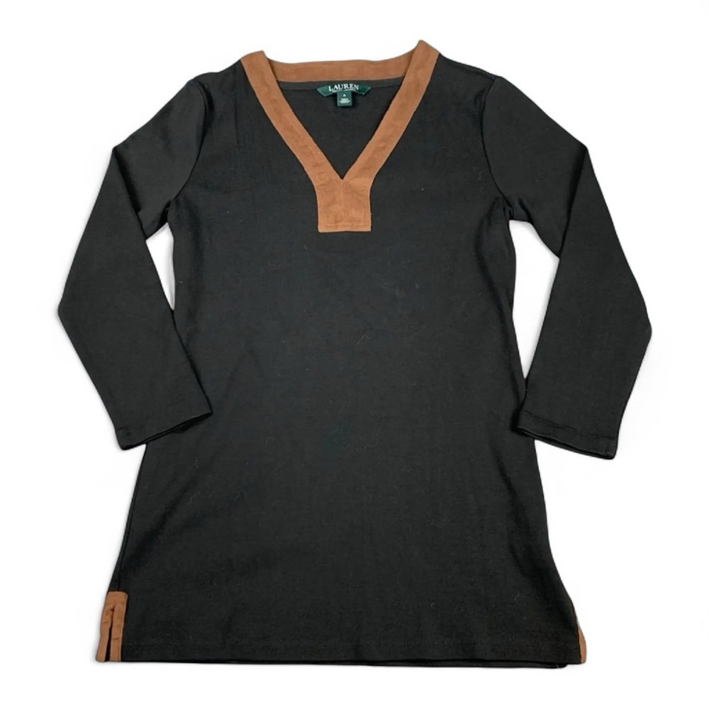Ralph Lauren Faux Suede Trim V Neck Long Sleeve Top Black Brown Small